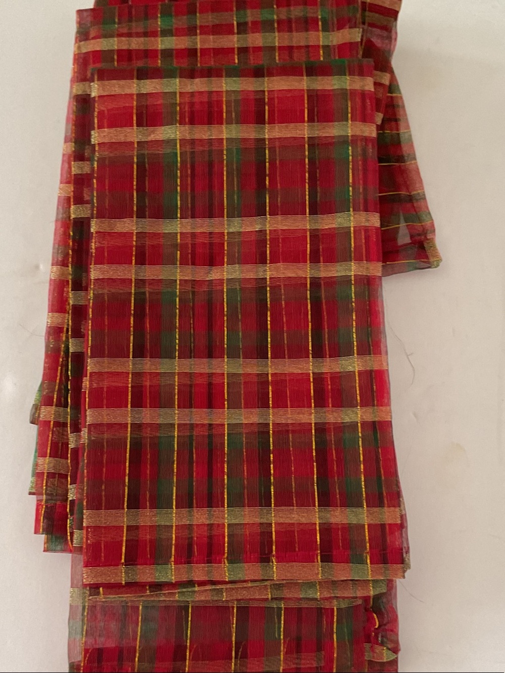Vintage Pier 1 Red and Green Plaid table napkins with Gold Stripes